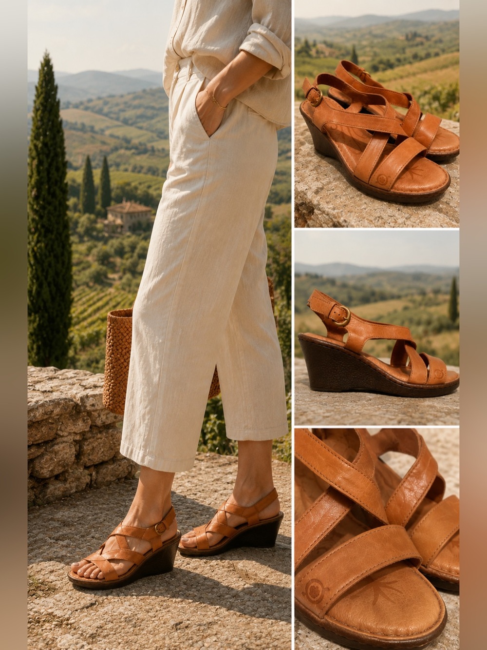Born Leather Wedge Sandals Size 8 Brown Slingback Comfort Shoes Boho